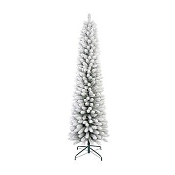 Snow Flocked Pencil Christmas Tree Slim Artificial Xmas Tree with Warm White Lights