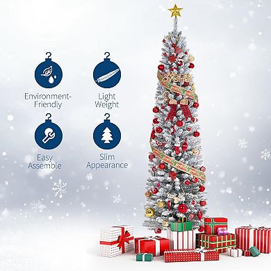 Snow Flocked Pencil Christmas Tree Slim Artificial Xmas Tree with Warm White Lights