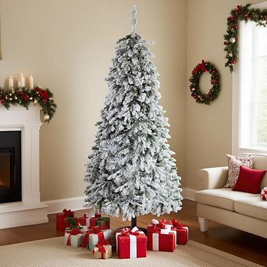 Artificial Christmas Tree Prelit, Snow Flocked Xmas Tree with PE Branch Tips, Colorful Lights