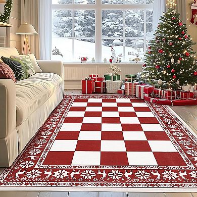 Washable Rug for Christmas Decor, Non Slip Carpet, Checkered Soft Low Pile Christmas Rug for Bedroom