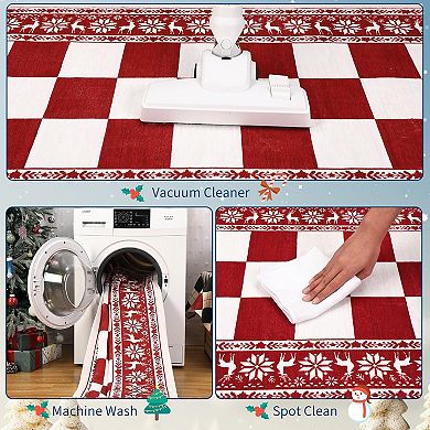 Washable Rug for Christmas Decor, Non Slip Carpet, Checkered Soft Low Pile Christmas Rug for Bedroom