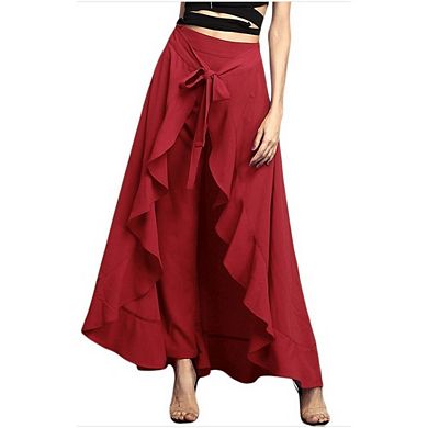 Women's Ruffle Pants High Waist Trousers Casual Beach Maxi Long Palazzo Overlay Pant Skirts