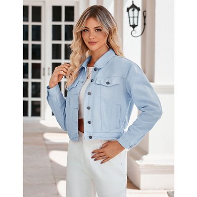 Women's Denim Jacket Button Up Long Sleeve Basic Trendy Jean Jacket Coat With Pockets