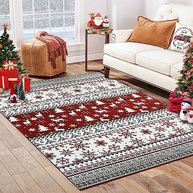 Washable Non-Slip Christmas Area Rug Vintage Boho Medallion Low Pile Carpet for Entryway Indoor