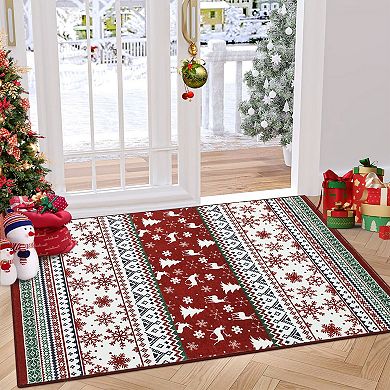 Washable Non-Slip Christmas Area Rug Vintage Boho Medallion Low Pile Carpet for Entryway Indoor
