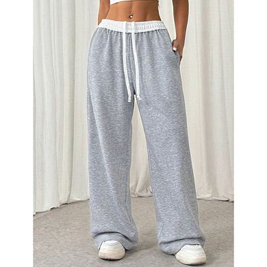 Women's Contrast Color Waist Band Sweat Pants Wide Leg Pants With Drawstring Buckle