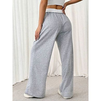 Women's Contrast Color Waist Band Sweat Pants Wide Leg Pants With Drawstring Buckle