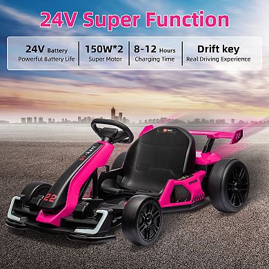 24V Kids Go Kart,300W Powerful Electric Drift Kart Car with Adjustable Seat,IDE On Toy with 4 Speed