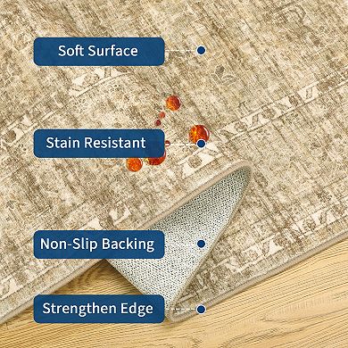 Vintage Floral Medallion Area Rug Washable Low Pile Non Slip Printed Rug for Living Room Bedroom