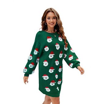 Women Ugly Christmas Sweater Dress Sweater Cute Fuzzy Slim Long Sleeve Knit Pullover Sweater Dresses