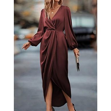 Womens Wrap V Neck Long Sleeve Satin Midi Dress Split Hem Ruched Pleated Formal Evening Party Dress