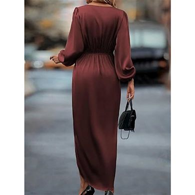 Womens Wrap V Neck Long Sleeve Satin Midi Dress Split Hem Ruched Pleated Formal Evening Party Dress