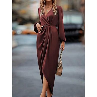 Womens Wrap V Neck Long Sleeve Satin Midi Dress Split Hem Ruched Pleated Formal Evening Party Dress