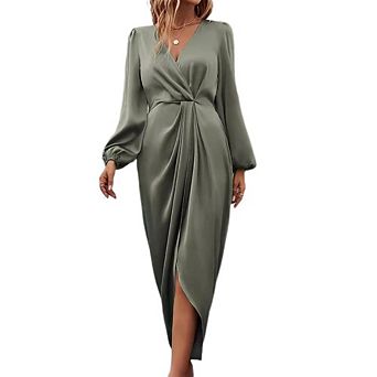 Womens Wrap V Neck Long Sleeve Satin Midi Dress Split Hem Ruched Pleated Formal Evening Party Dress