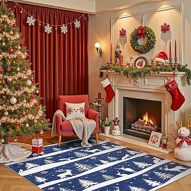 Christmas Rugs with Xmas Tree Reindeer Snowflake for Holiday Decor, Non Slip Low Pile Washable Rug