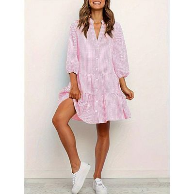shirt dress loose puff sleeve Women's Poplin Oversized Midi complementing the A line silhouette and knee length hem for a flattering finish Statement Puff Sleeves Loose Pleated