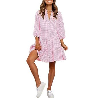Womens Plaid Shirt Dress 3/4 Puff Sleeve V Neck Button Up Shirt Dress Loose Flowy Summer Mini Skirt