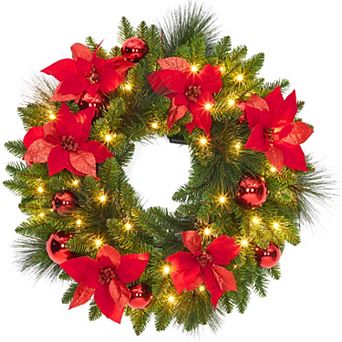 24" Christmas Wreath w/Cypress Leaves, Balls Ornament, Pre-Lit Front Door Christmas Wreath