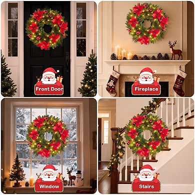 24" Christmas Wreath w/Cypress Leaves, Balls Ornament, Pre-Lit Front Door Christmas Wreath