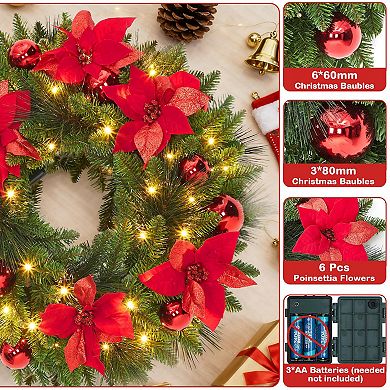 24" Christmas Wreath w/Cypress Leaves, Balls Ornament, Pre-Lit Front Door Christmas Wreath