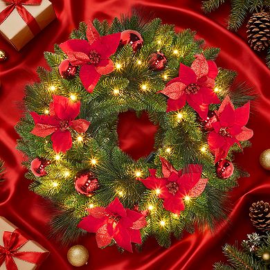 24" Christmas Wreath w/Cypress Leaves, Balls Ornament, Pre-Lit Front Door Christmas Wreath