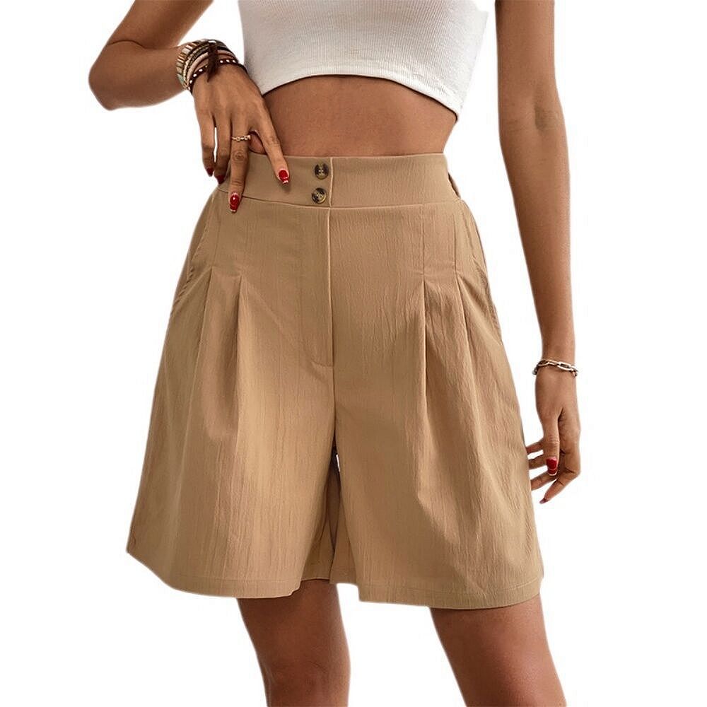 Womens Shorts Casual Elastic High Waist Pleated Zipper Shorts