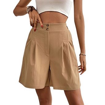 Womens Shorts Casual Elastic High Waist Pleated Zipper Shorts Causal Work Office Summer Pants