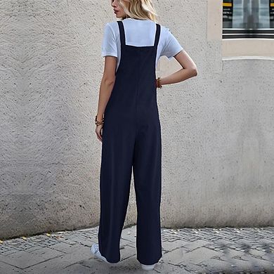 Women's Casual Solid Color Jumpsuits Buckle Adjustable Straps Side Zipper Overalls