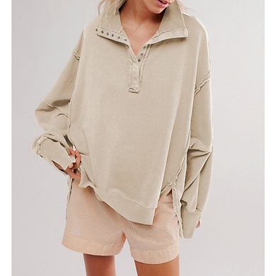 Womens Sweatshirts Oversized Casual Loose Button Up Henley Pullover Top High Low Split Fall Outfits