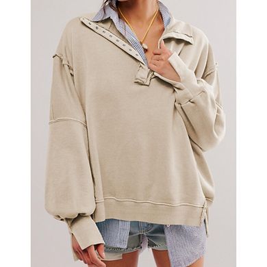 Womens Sweatshirts Oversized Casual Loose Button Up Henley Pullover Top High Low Split Fall Outfits