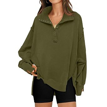 Womens Sweatshirts Oversized Casual Loose Button Up Henley Pullover Top High Low Split Fall Outfits