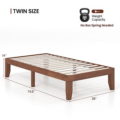 14 Inch Twin Size Rubber Wood Platform Bed Frame with Wood Slat Support