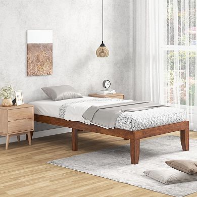 14 Inch Twin Size Rubber Wood Platform Bed Frame with Wood Slat Support