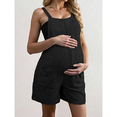 Women's Maternity Knit Overalls Shorts Solid Color Ribbed Sleeveless Jumpsuits With Pockets