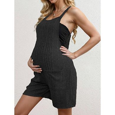 Women's Maternity Knit Overalls Shorts Solid Color Ribbed Sleeveless Jumpsuits With Pockets