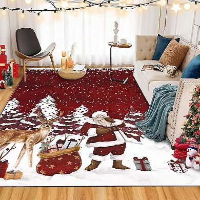 Christmas Area Rug, Machine Washable Xmas Santa Claus Rug, Non Slip Soft Bedroom Rugs Low Pile