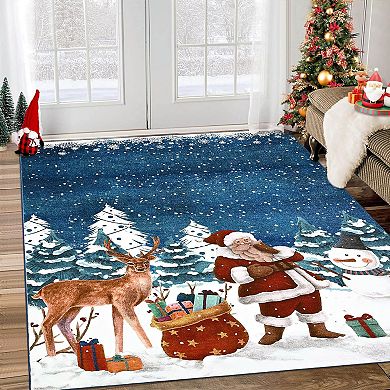 Christmas Area Rug, Machine Washable Xmas Santa Claus Rug, Non Slip Soft Bedroom Rugs Low Pile