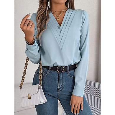Women's Deep V Neck Long Sleeve Shirts Pleated Dressy Casual Tops Loose Fit T Shirt