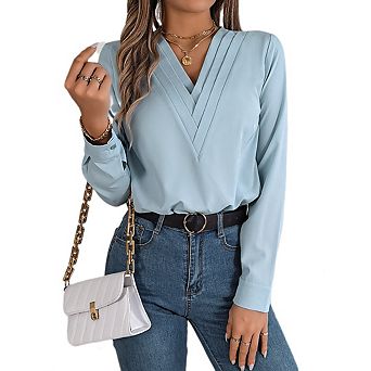 Women's Deep V Neck Long Sleeve Shirts Pleated Dressy Casual Tops Loose Fit T Shirt