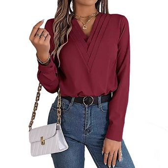 Women's Deep V Neck Long Sleeve Shirts Pleated Dressy Casual Tops Loose Fit T Shirt