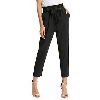 Womens Cropped Paper Bag Waist Pants High Waist Bow Tie Dressy Trousers Casual Trousers with Pockets