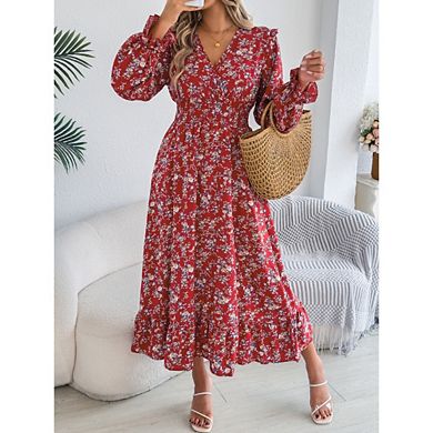 Women Long Sleeve Floral Side Slit Dress V Neck A-Line Boho Ruffle Tiered Flowy Midi Dresses