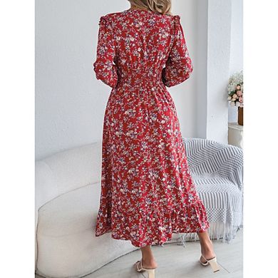 Women Long Sleeve Floral Side Slit Dress V Neck A-Line Boho Ruffle Tiered Flowy Midi Dresses