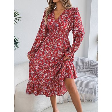 Women Long Sleeve Floral Side Slit Dress V Neck A-Line Boho Ruffle Tiered Flowy Midi Dresses