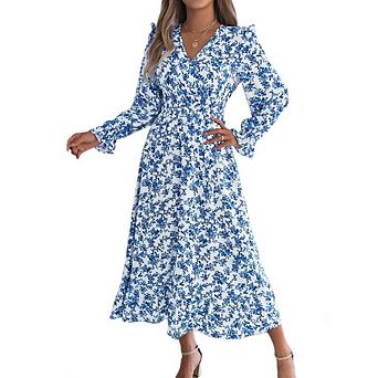 Women Long Sleeve Floral Side Slit Dress V Neck A-Line Boho Ruffle Tiered Flowy Midi Dresses