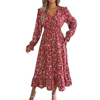 Women Long Sleeve Floral Side Slit Dress V Neck A-Line Boho Ruffle Tiered Flowy Midi Dresses