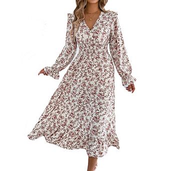 Women Long Sleeve Floral Side Slit Dress V Neck A-Line Boho Ruffle Tiered Flowy Midi Dresses
