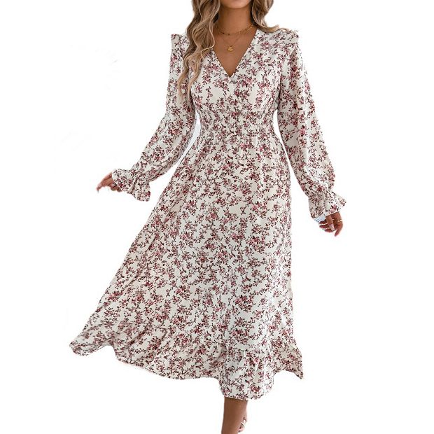 Women Long Sleeve Floral Side Slit Dress V Neck A-Line Boho Ruffle Tiered  Flowy Midi