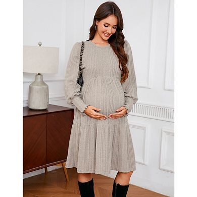 Women's Pregnant Casual Long Sleeve Dress Crew Neck High Waist Smocked Flowy Tiered Midi Dress