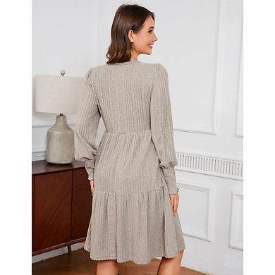 Women's Pregnant Casual Long Sleeve Dress Crew Neck High Waist Smocked Flowy Tiered Midi Dress